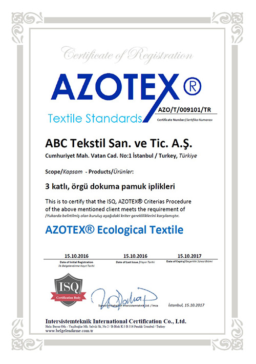 Örnek AZOTEX Ekolojik Tekstil Belgesi